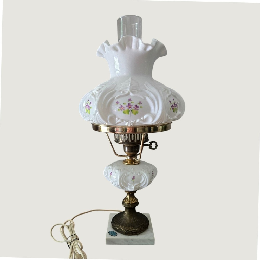 Fenton Hand Painted Violet Milk Glass Electric Oil Lamp‎ Signed D Hull